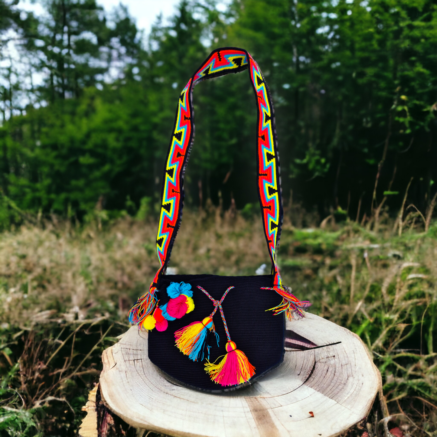 Mochila Wayuu Tasche Unicolor Schwarz - Handgemachte farbenfrohe Tasche - Crossbody-Tasche Mochila